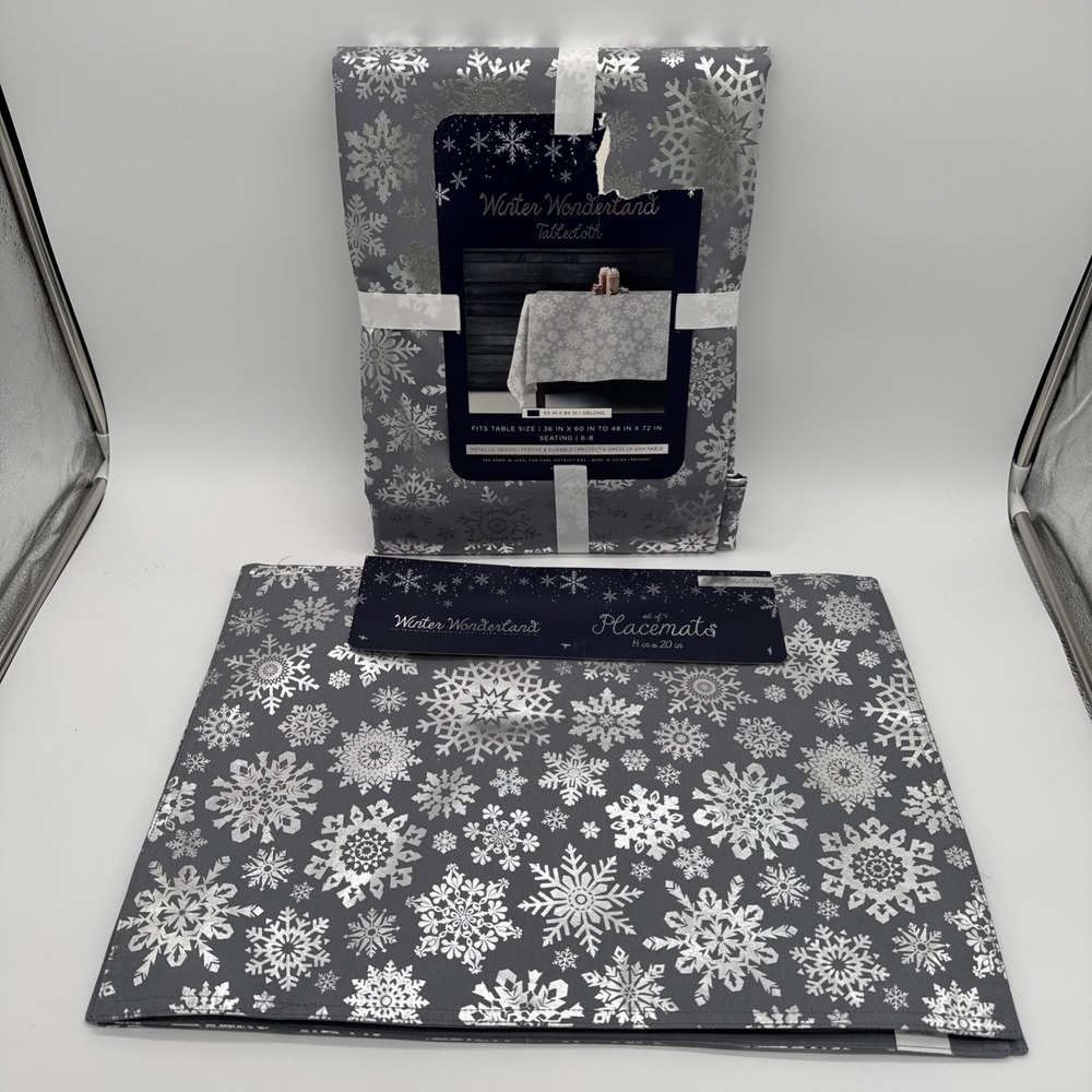Winter Wonderland Tablecloth 60"x84" & 4 Placemats NEW silver Metallic
